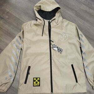 Off-White Men's Hooded Windbreaker Jacket in Beige with Reflective Accents small